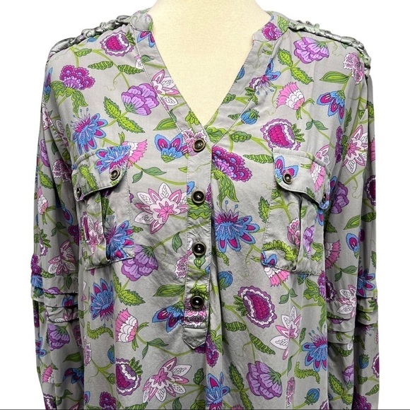 Matilda Jane Gray & Fuchsia Thinking Out Loud Floral Split Neck Popover Top - Picture 4 of 11